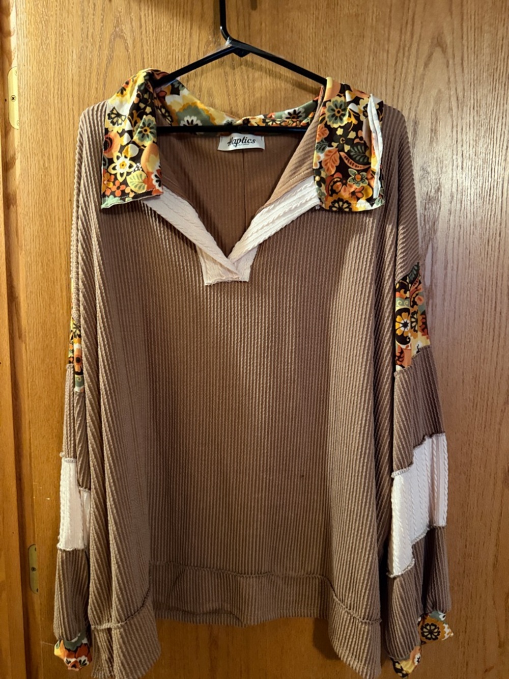 Aptics Women's Brown Waffle-Knit Pullover Hoodie with Floral Trim